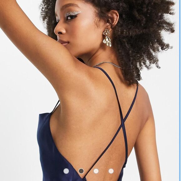 ASOS Design satin cami midi slip dress in navy. - Picture 3 of 6